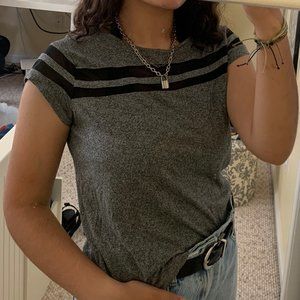 Gray shirt with sheer black stripes